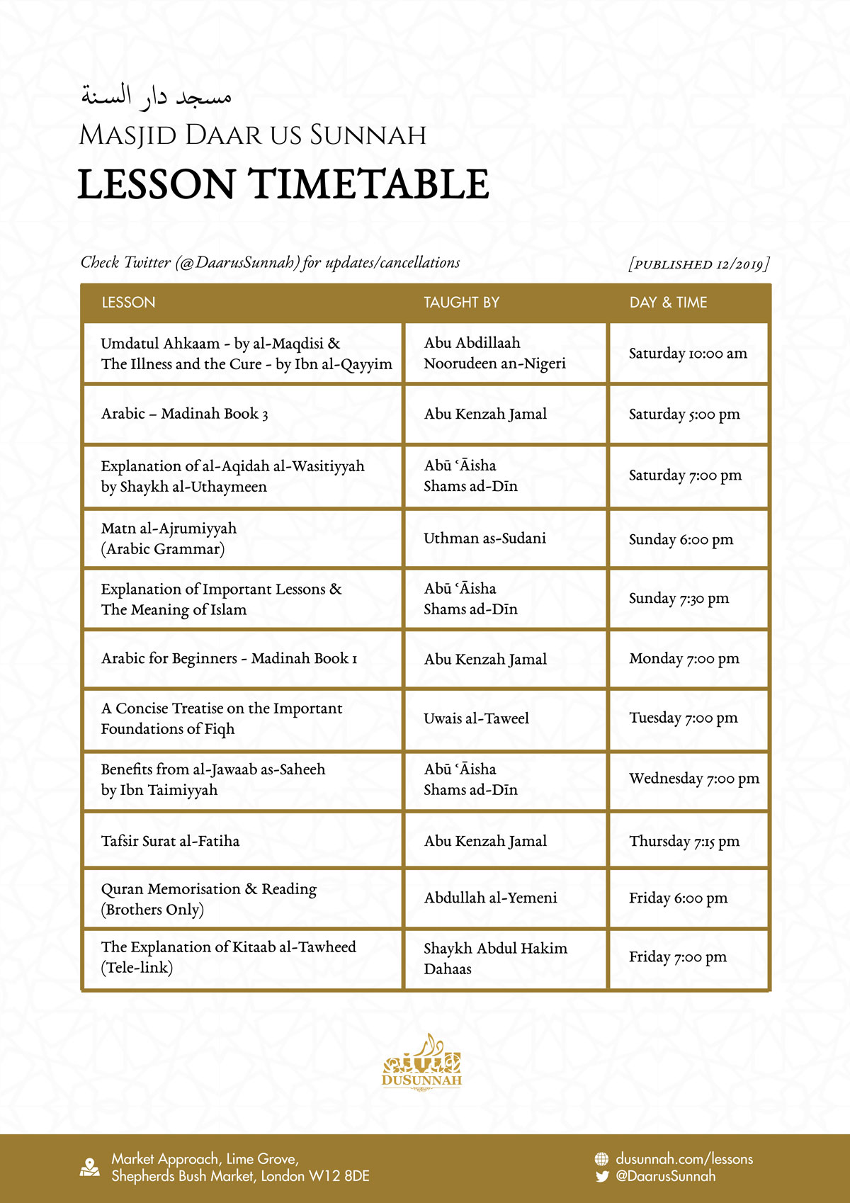 Lessons Timetable