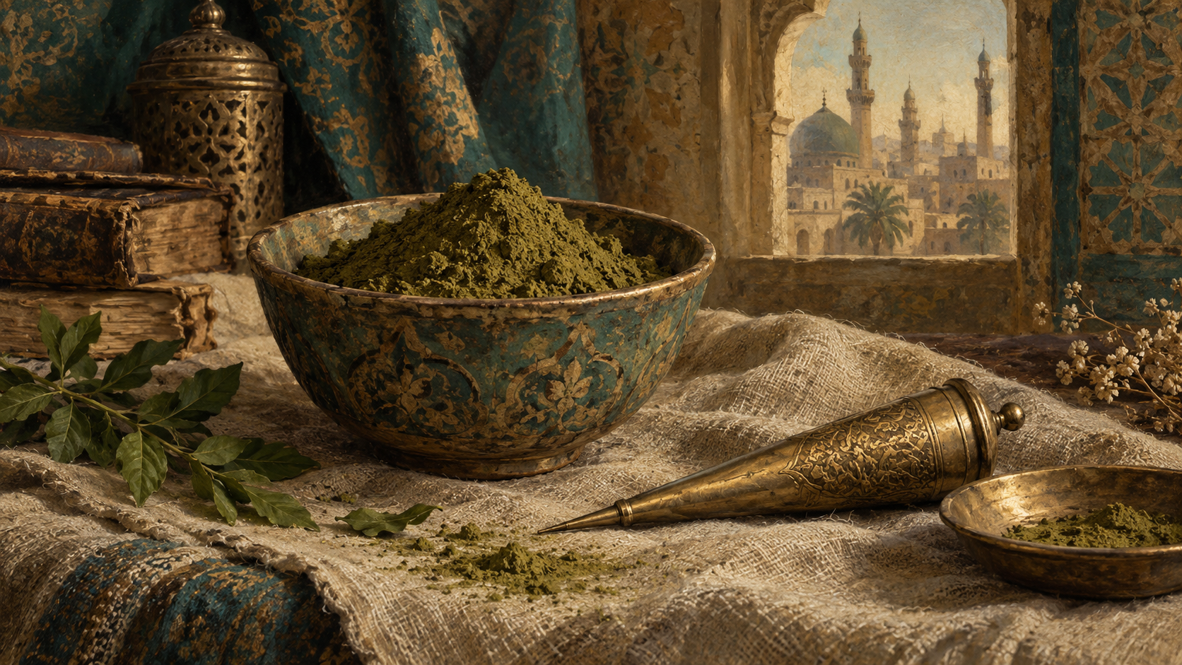 Painterly illustration of henna powder in a ceramic bowl beside a brass applicator.
