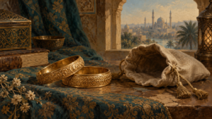 Painterly illustration of gold bracelets beside a linen jewellery pouch.
