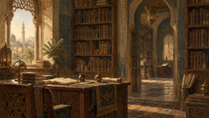 Painterly illustration of a quiet historical library and reading desk.