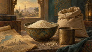 Painterly illustration of rice, a measuring cup and a cloth sack.
