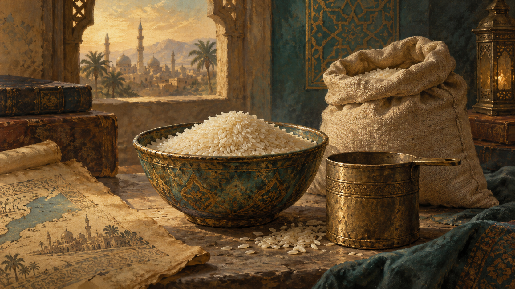Painterly illustration of rice, a measuring cup and a cloth sack.
